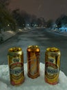 8 February 2022 Eskisehir Turkey. Tuborg can beer on snow on a cold night outside