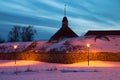 February evening at the bastion of on ancient Korela fortress. Priozersk, Russia