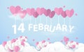 14 February hanging with Pink Heart Balloons in sky. Happy valentines day. Paper art and craft style