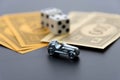 February 8, 2015: Houston, TX, USA. Monopoly car, dice and mone Royalty Free Stock Photo