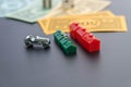 February 8, 2015: Houston, TX, USA. Monopoly car, dice, money, Royalty Free Stock Photo