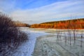 February landscape. Ice froze on top of the river. Icing. Royalty Free Stock Photo
