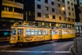 February 27, 2017. Lisbon, Portugal. A famous yellow tram 28 of Lisbon, Portugal. Night view of tram in Lisbon city Royalty Free Stock Photo