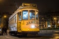 February 27, 2017. Lisbon, Portugal. Vintage night tram in the city center of Lisbon, Portugal. Yellow tram of Lisbon Royalty Free Stock Photo