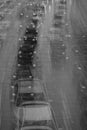 FEBRUARY 2, 2019 - LOS ANGELES, CA, USA - Abstract and impressionistic Traffic Congestion in a rain storm on the 110 CA Freeway, t