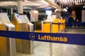 Lufthansa logo at the check-in counters at the airport