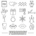 February month theme set of simple outline icons eps10