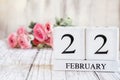 February 22nd Calendar Blocks with Pink Ranunculus in Background