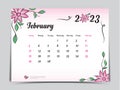 Calendar 2023 template on pink flowers background, February 2023 template, Monthly calendar planner artwork, Desk calendar 2023