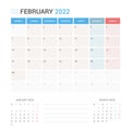 February 2022 Planner Calendar Week starts on Monday. Royalty Free Stock Photo