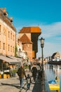 February 14, 2020. Poland, Gdansk. Gdansk Crane on the Motlawa`s Long Embankment in Gdansk, Poland. The riverside with the