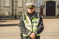 February 20, 2019. Portrait of a male police officer in a headdress. DANISH GARDEN POLICE FOR ARRIVAL OF QUEENS Royalty Free Stock Photo