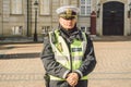 February 20, 2019. Portrait of a male police officer in a headdress. DANISH GARDEN POLICE FOR ARRIVAL OF QUEENS Royalty Free Stock Photo