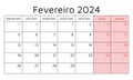 February 2024 portuguese calendar. Vector illustration. Monthly planning for business in Portugal