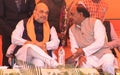 February 22, 2022. Prayagraj, Uttarpradesh, India. Union Minister Amit Shah and Cabinet Minster Siddharth Nath Singh discussing