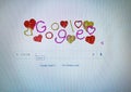 February 15, 2021. the screen with a Valentine Day style animated home page of the Google search engine