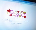 February 15, 2021. the screen with a Valentine Day style animated home page of a Google search engine