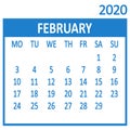 February. Second page of set. Calendar 2020, template. Week starts from Monday. Vector