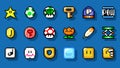 Set of items from Super Mario World classic video game, pixel design vector illustration