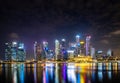 2019 February 28, Singapore - Cityscape night scenery of colorful the buildings in downtown