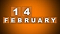 14 February Text Title - Square Wooden Concept - Orange Background - 3D Illustration