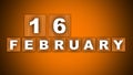 16 February Text Title - Square Wooden Concept - Orange Background - 3D Illustration