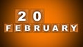 20 February Text Title - Square Wooden Concept - Orange Background - 3D Illustration