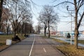 February 26th - Belgrade, Serbia - Park and pedestrian zone on the bank of Danube river, in the new part of the city