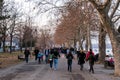 February 26th - Belgrade, Serbia - Park and pedestrian zone on the bank of Danube river, in the new part of the city