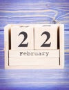 February 22th. Date of 22 February on wooden cube calendar