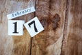 February 17th. Day 17 of February month, white calendar blocks on vintage wooden table background. Winter time. Empty space for Royalty Free Stock Photo