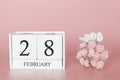 February 28th. Day 28 of month. Calendar cube on modern pink background, concept of bussines and an importent event