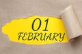 february 01. 01th day of the month, calendar date.Hole in paper with edges torn off. Yellow background is visible