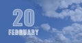february 20. 20-th day of the month, calendar date.White numbers against a blue sky with clouds. Copy space, winter Royalty Free Stock Photo