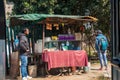 February 13th 2022, Dehradun City Uttarakhand India. People at a road side tea stall and refreshment place in rural area of