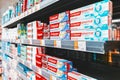Colgate toothpaste is sold on supermarket shelves Royalty Free Stock Photo