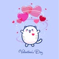 February 14, Valentine`s Day. Kawaii cute kitten with balloons . Royalty Free Stock Photo