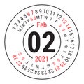 February 2021. Vector English ÃÂalendar. Round calender. Week starts on Sunday. Design template. Circle. Second month