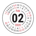 February 2020. Vector English ÃÂalendar. Round calender. Week starts on Sunday. Design template. Circle. Second month