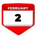 2 February vector icon calendar day. 2 date of February. Second day of February. 2nd date number. 2 day calendar. Two