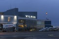 February 2020. Vilnius International Airport. Airport building at dusk. Exit to the runway