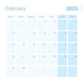 2023 February wall planner in blue pastel color, week starts on Monday