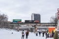 February 11 2023 - Winnjipeg Manitoba Calgary - People skating on the red river in winter