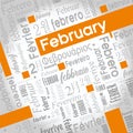 February word cloud written in Spanish, German, Portuguese, Italian, Japanese, Korean in gray with the English word highlighted in
