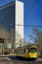 Karlsruhe, Germany: historic tram and Landratsamt in the background Royalty Free Stock Photo