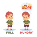 Fed and hungry little guy. Words antonyms. English language vocabulary, educational cards. Kid thinking about food. Card