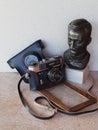Old camera Fed, a bronze statue of Felix Edmundovich Dzerzhinsky, wooden photo frame.