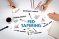 Fed Tapering. Illustrations with texts and arrows. The meeting at the white office table