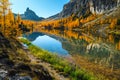 Federa lake in the autumn forest with redwoods, Dolomites, Italy