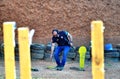 Federal Deputy Eduardo Bolsonaro raising the target from the shooting range of the Taubatexas Gun Club